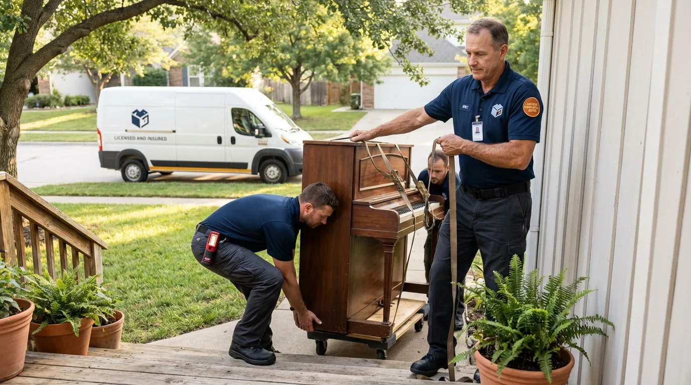 Licensed piano movers securing grand piano in Stuart, IA