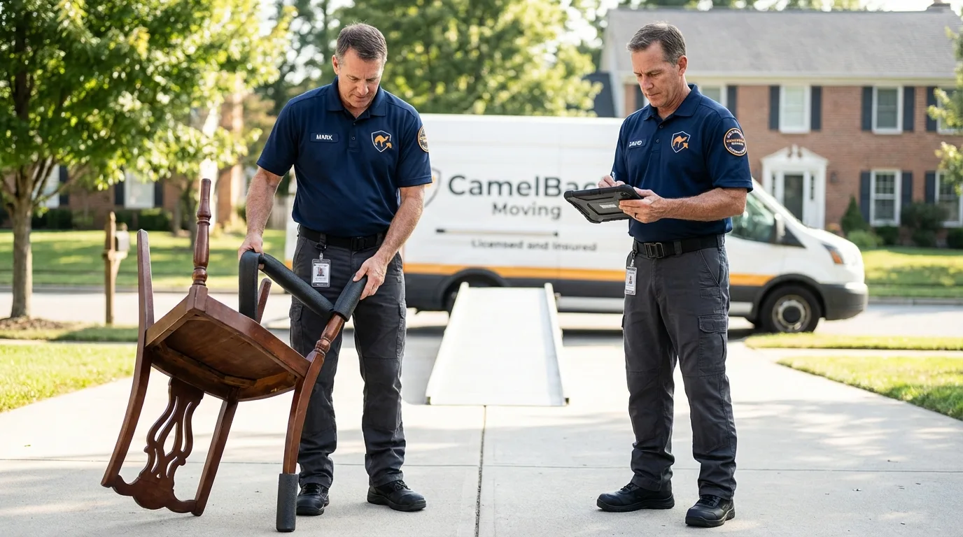 Movers inspecting furniture for damage prevention before loading in Stuart, IA
